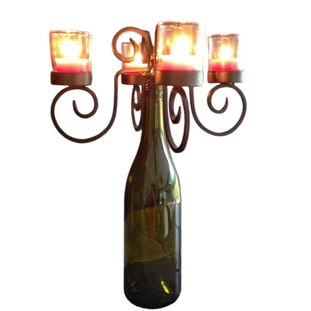 Wrought Iron Black Swirled 4 Votive Wine Bottle Candelabra Candle Holder-NEW